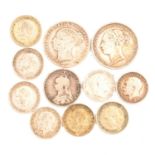 Victoria and later silver coins, Canadian silver dollar, other coins and banknotes.