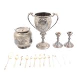 Silver-plated ware, one box including trophy, tea pot etc