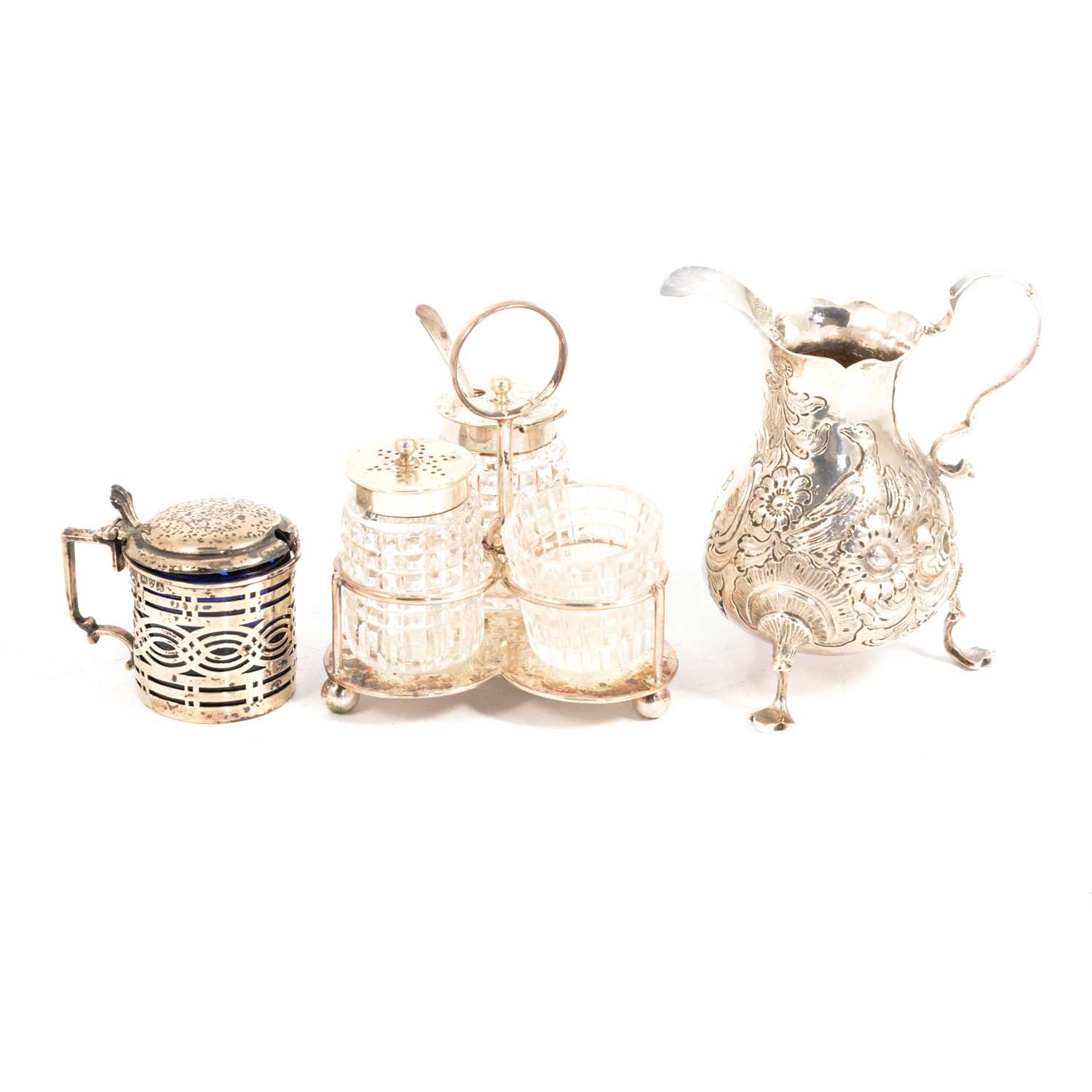 Georgian silver cream jug, mustard pot and cruet set.