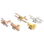 Five WW1 wooden military bi-plane aircraft models, including German Fokker