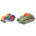 Two pre-war Dinky Toys, 22F Army tank and 22E farm tractor.