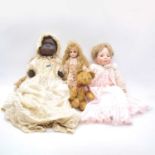 Heubach Koppelsdorf, bisque head baby doll, vintage teddy bear and two other dolls.