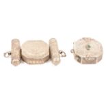 Two Eastern white metal amulet boxes,