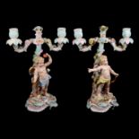 Pair of Continental porcelain twin-light candelabra