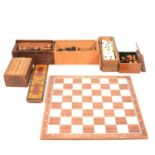 Modern chess board, wooden chess sets, cribbage board, etc.