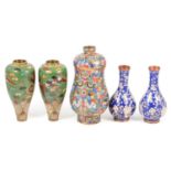 Chinese cloisonne covered jar and two pairs of vases,