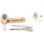 Glass scent bottle and other dressing table accessories,