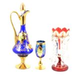 A Victorian glass lustre and a 1950's Venetian decanter and six glasses.