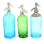 Three coloured glass soda syphons