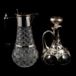 Art Nouveau silver overlaid glass decanter and a cut glass decanter with silver plated mounts,