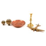 Brass and copper wares, one box including copper hammered bowl; pair of brass candlesticks etc