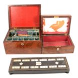 Victorian mahogany sewing box, another jewellery box, and an inlaid cribbage board
