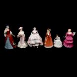 Four Royal Doulton figurines, one Coalport, one Royal Worcester.