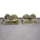 Pair of reconstituted stone garden statues, recumbent lions,
