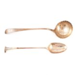 Silver basting spoon, Thomas Devonshire & William Watkins, London 1760, and white metal ladle.