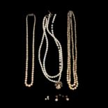 Three cultured pearl necklaces, pair of pearl earrings.