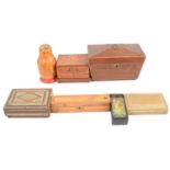 Small number of wooden boxes, caddy, and set of Russian dolls