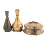 Three Persian brass and metal vessels, and an enamlled cup