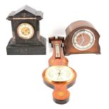 Victorian slate and marble mantel clock, oak mantel clock and Comitti aneroid barometer