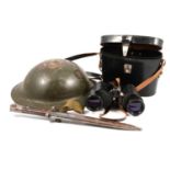 Three Russian binoculars, cased; military helmet; bayonet; five flags; and other militariaQty: 1