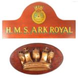 H.M.S. Ark Royal name board and polished brass plaque.