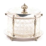 Edwardian cut glass biscuit barrel, silver plated mounts,