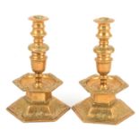 Pair of cast brass hexagonal candlesticks, Baroque style, height 28cm.