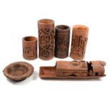 Four carved bamboo brush pots;