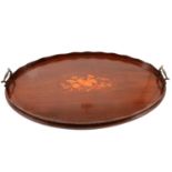 Edwardian mahogany and marquetry oval tray,