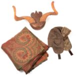 Quantity of decorative horns, Paisley shawl, etc