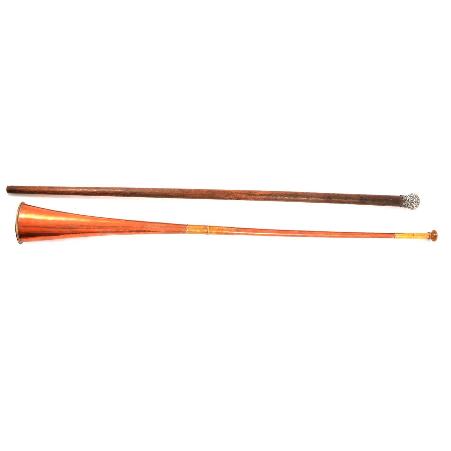 Copper post horn and a silver topped cane,