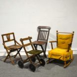 Four vintage dolls/child's chairs, including Victorian folding chair on wheels