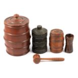 Collection of treen barrels, boxes, dice shakers, etc