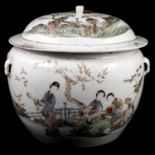 Chinese covered cooking pot, painted with figural scenes, 20cm high.