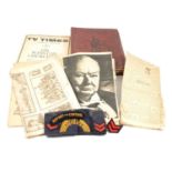 WW2 Civil Defence arm bands; badges; letter from Control and Report Centres; postcard of Leeds