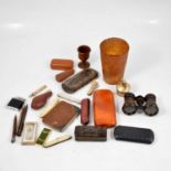 Horn beaker, silver-mounted leather purse, pipes, lighters, etc