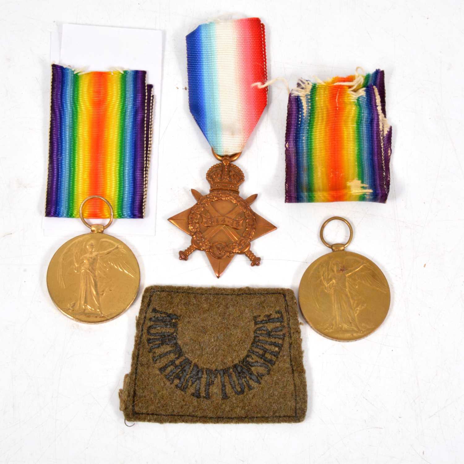 Medals - Three WW1 medals with ribbons, and a Northamptonshire patch. - Image 2 of 2