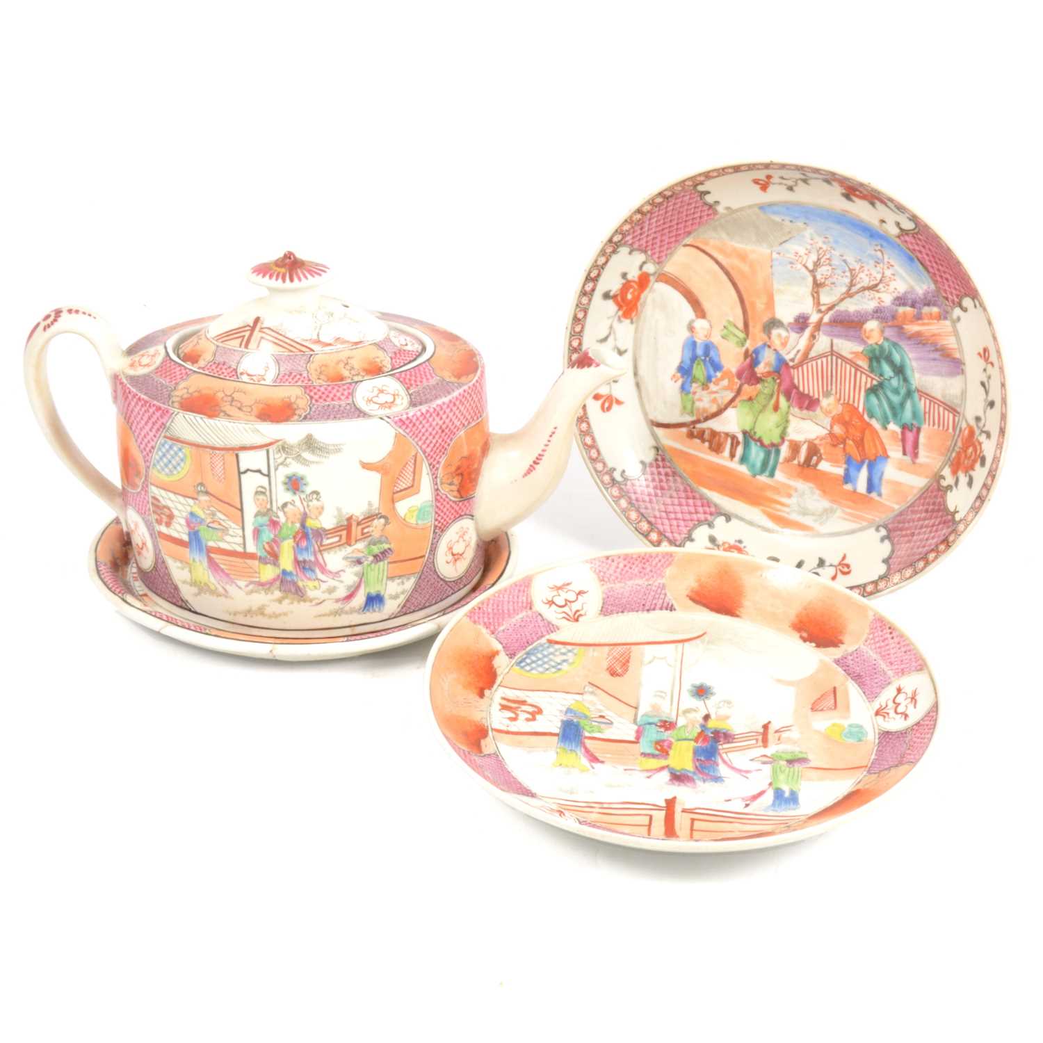 Newhall style teapot on stand and two similarly decorated plates/ dishes