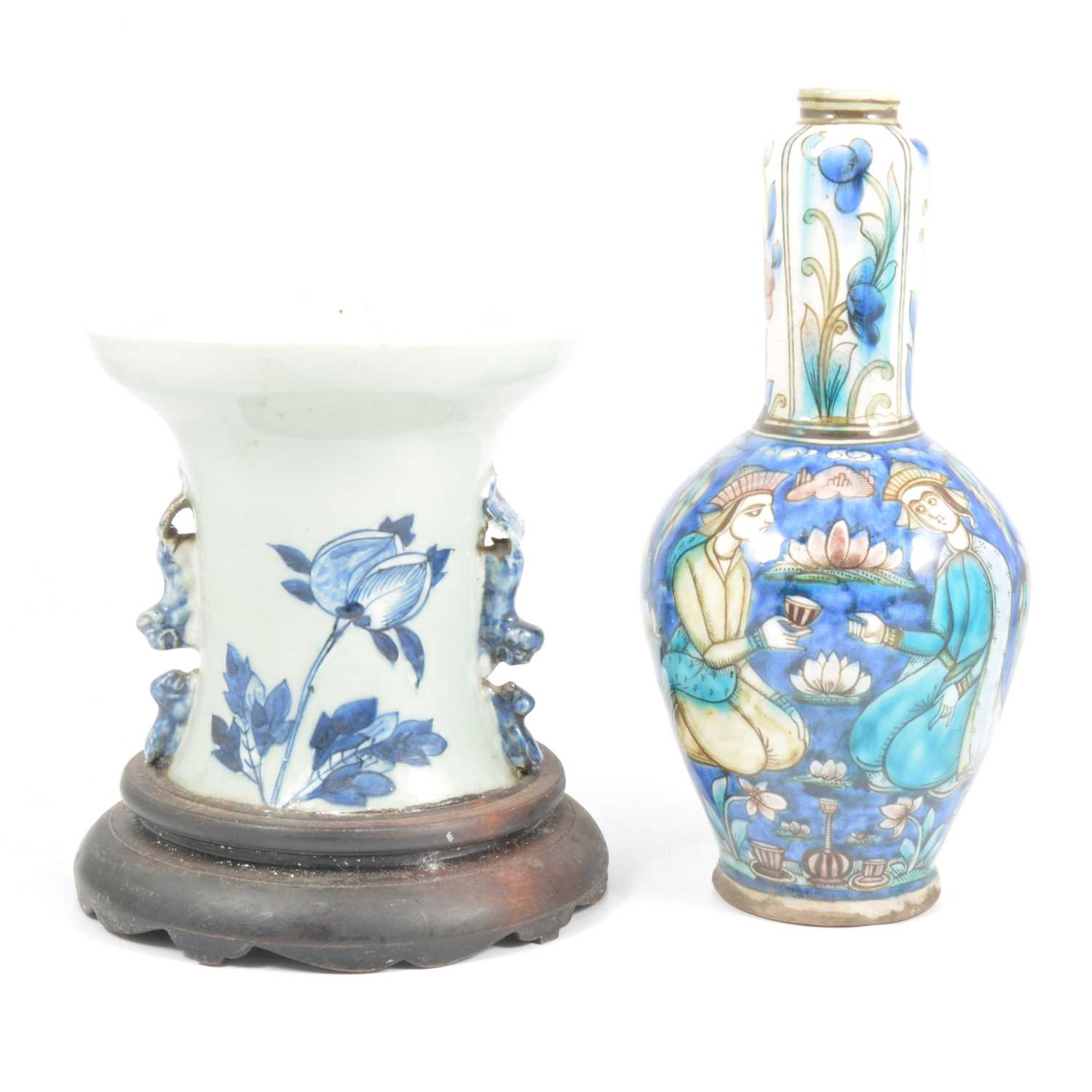 Persian pottery vase and a Chinese porcelain jardiniere converted from a vase
