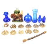 Assorted ceramics, glass, and horse brasses