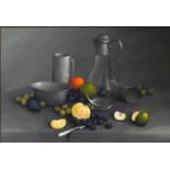 G L Reekie, Still life of fruit and pewter tableware.