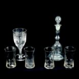 Glass goblet, similar etched glass decanter, and four glass beakers