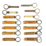 Nine Clough style advertising corkscrews in wooden sheaths and five others,