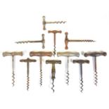 Eleven all metal simple direct pull corkscrews,