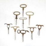 Nine various corkscrews,