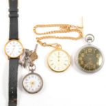 Three pocket / fob watches and a Longines wristwatch.