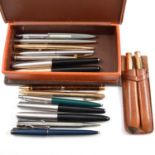 A collection of Parker pens, silver pencil etc