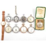 Nine open face pocket watches and a gentleman's wristwatch.
