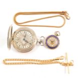 An Italian gilt metal and enamel fob watch, modern pocket watch and two modern watch chains.