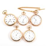 Five gold-filled and gold-plated pocket watches.